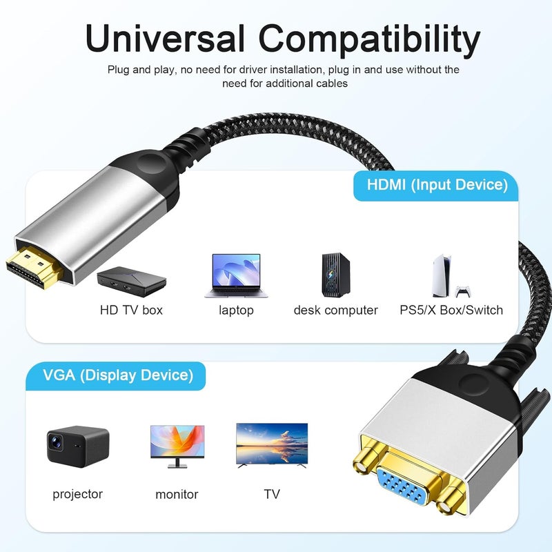 PASOW HDMI to VGA Adapter Cable 8 inch Uni-Directional Only,Gold-Plated 1080p@60Hz HDMI Male to VGA Female Braided Cord for PC,Laptop,Monitor,HDTV, Roku, Xbox, PS5 - Image 5